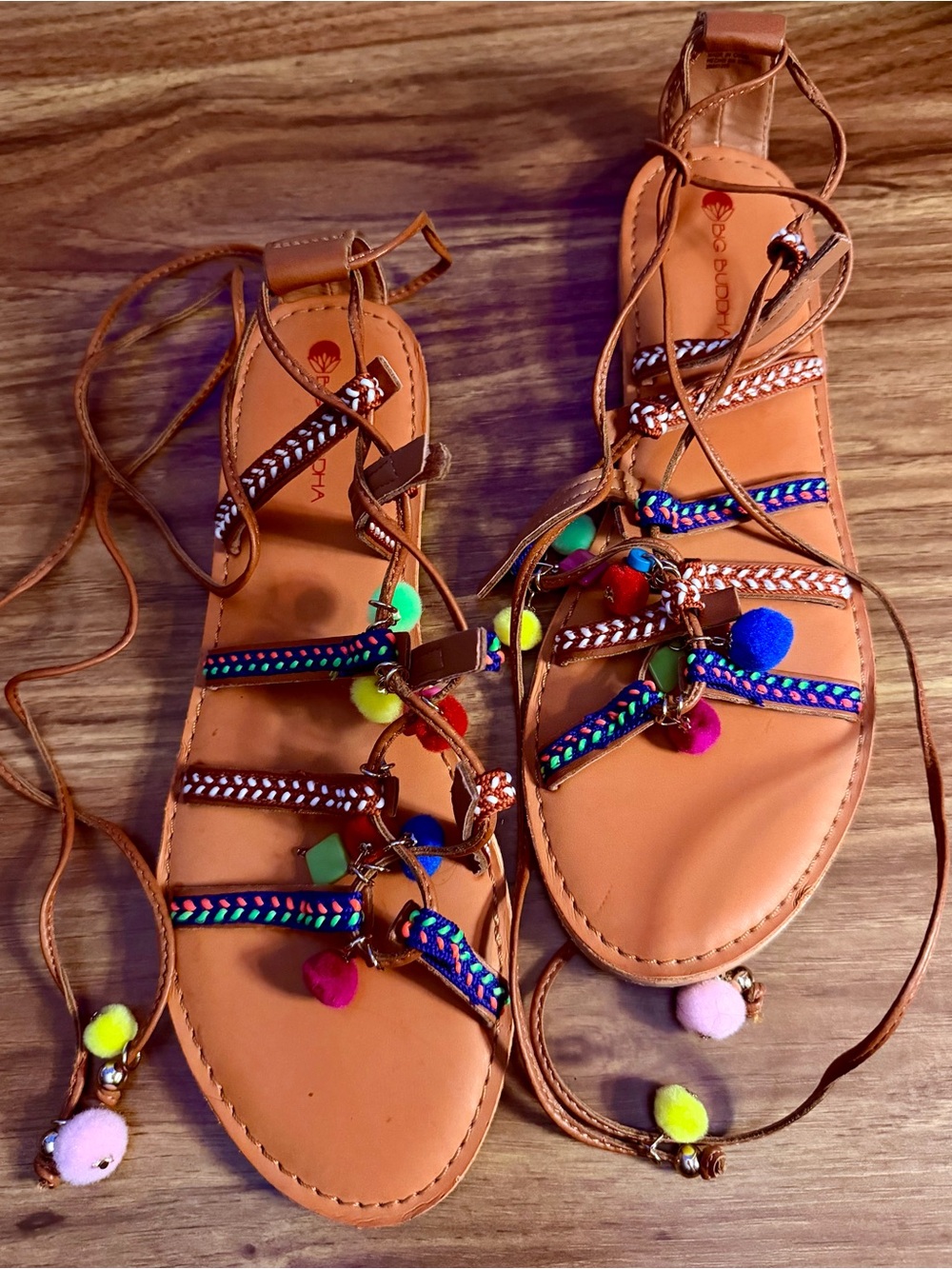 Big Buddha Tan Lace-Up Sandals with Multicolor Pom Poms
